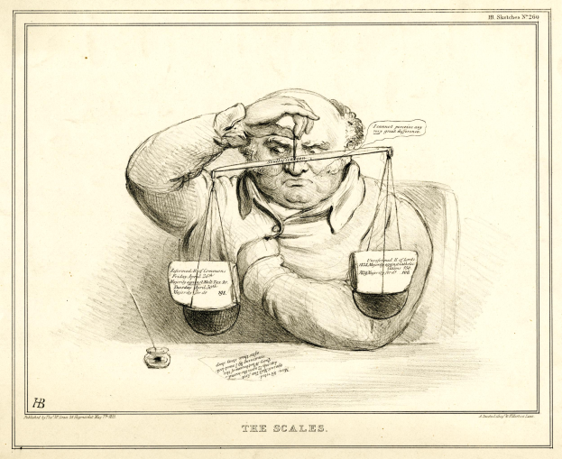 Ein Mann in einem Anzug sitzt an einem Tisch mit einer Waage der Gerechtigkeit, entschlossen, mit einem Papier mit Wörtern und Zahlen vor ihm.