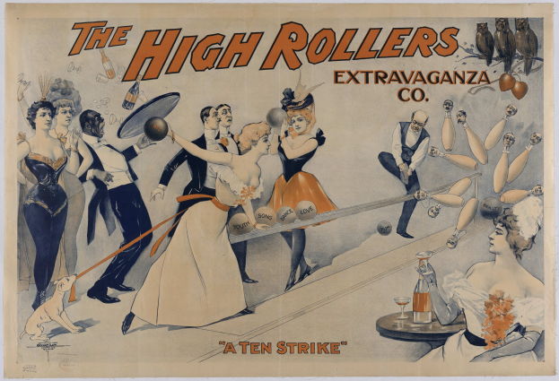 Ein Plakat aus den 1920er Jahren für die High Rollers Extravaganza Co. zeigt eine Gruppe von Menschen in 1920er-Jahre-Kleidung beim Bowling, mit der Aufschrift 'Ein Zehner' oben und einem leuchtenden, vintage-farben Palette von Blauen, Grünen und Gelben.