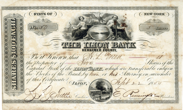 Altes Aktienzertifikat mit Abbildung eines Mannes und einer Frau sowie Banknamen und Ausstellungsdatum.