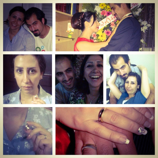 Ein Collage mit einem Mann und einer Frau mit Eheringen, umgeben von Blumenarrangements und diversen Gegenständen.