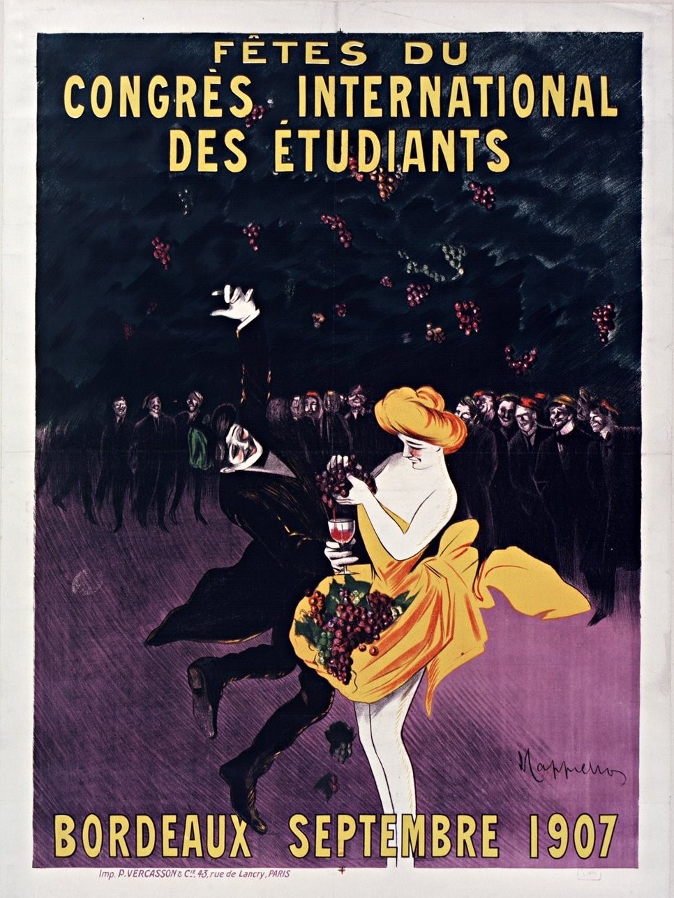 Plakat aus dem Jahr 1907, das ein Weinprobevent in Bordeaux, Frankreich, bewirbt, mit einer Frau in einem gelben Kleid, die ein Weinglas hält, umgeben von einer Menge, mit Eventdetails im Text.