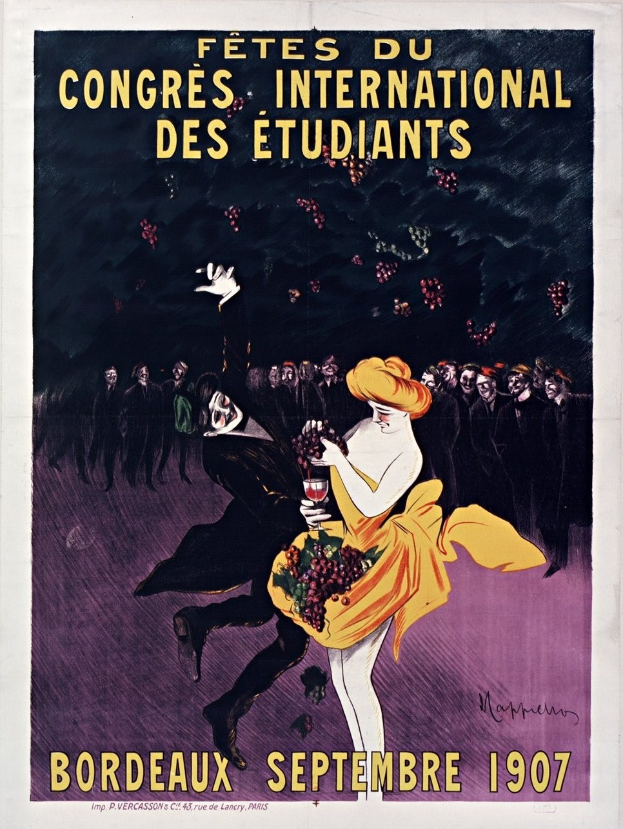 Plakat aus dem Jahr 1907, das ein Weinprobevent in Bordeaux, Frankreich, bewirbt, mit einer Frau in einem gelben Kleid, die ein Weinglas hält, umgeben von einer Menge, mit Eventdetails im Text.