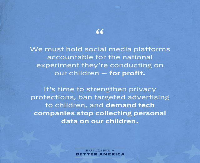 Plakat mit einem Zitat aus Building a Better America, das besagt, dass Social-Media-Plattformen für ihre Auswirkungen auf Kinder zur Rechenschaft gezogen werden sollten, verziert mit Sternen.