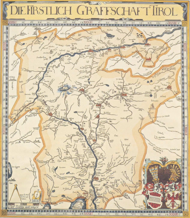 Plakat einer historischen Karte der ersten Grafschaft Tirol, das geografische Merkmale wie Flüsse, Berge und Städte zeigt, mit begleitendem Text über die Region und ihre Bewohner.
