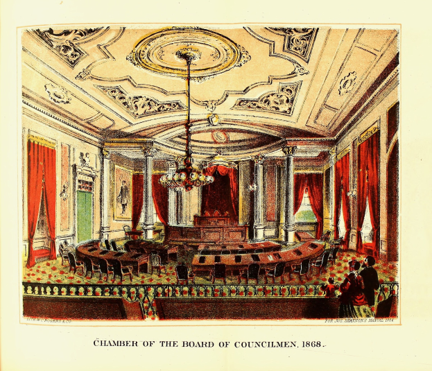 Eine detaillierte Zeichnung des Rates der Stadtverordnetenversammlung von 1868, die Möbel, architektonische Elemente und einige Personen mit lesbarem Text auf Papier zeigt.