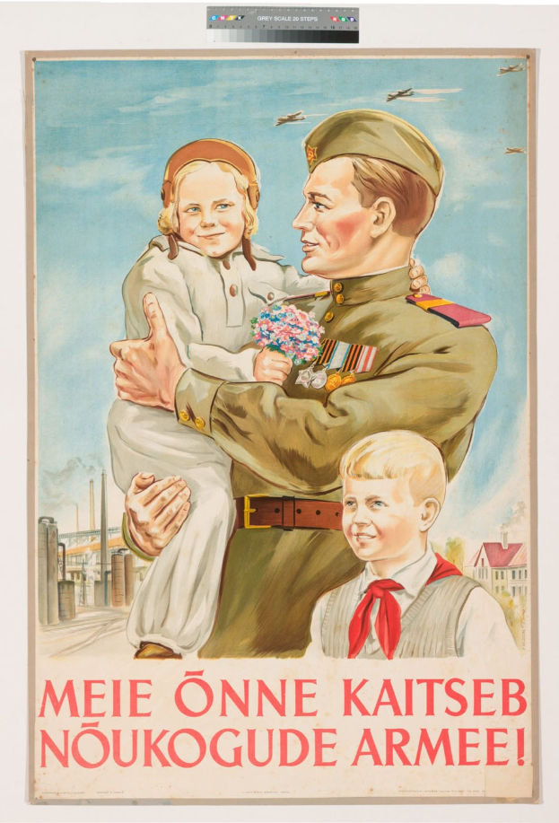 Polnischer Weltkriegspropagandaplakat, das einen Mann zeigt, der ein Kind hält und von zwei weiteren Kindern umgeben ist, begleitet von Text.