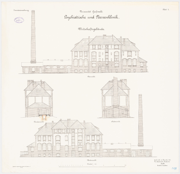 Zeichnung eines mehrstöckigen Gebäudes mit zahlreichen Fenstern und einem Schornstein, identifiziert als psychiatrische Klinik in Deutschland, begleitet von handgeschriebenem Text auf demselben Papier.