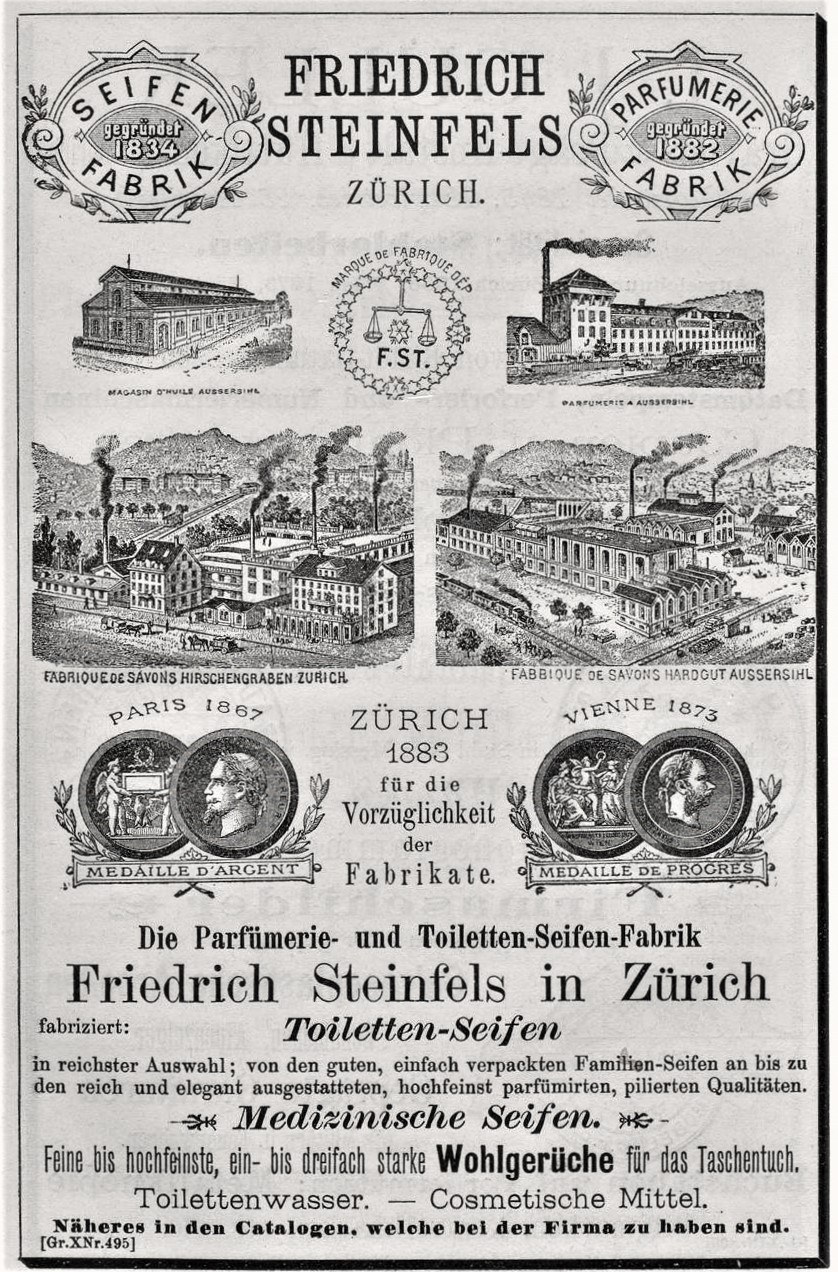 Schwarze und weiße Werbung für Friedrich Steinfels in Zürich mit Bildern von Gebäuden, Menschen und Text.