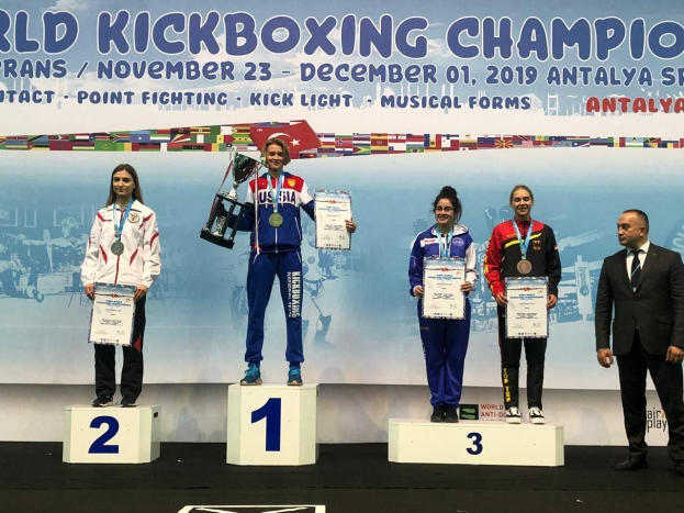 Fünf Personen halten Trophäen und Urkunden auf einem Podium mit einem "World Kickboxing Championship Antalya 2019"-Plakat im Hintergrund.