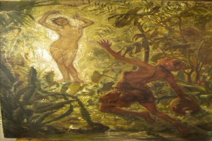 Ein Gemälde eines Mannes und einer Frau in Not, umgeben von üppiger Dschungelvegetation, mit leuchtenden Farben und detailreichen Einzelheiten.