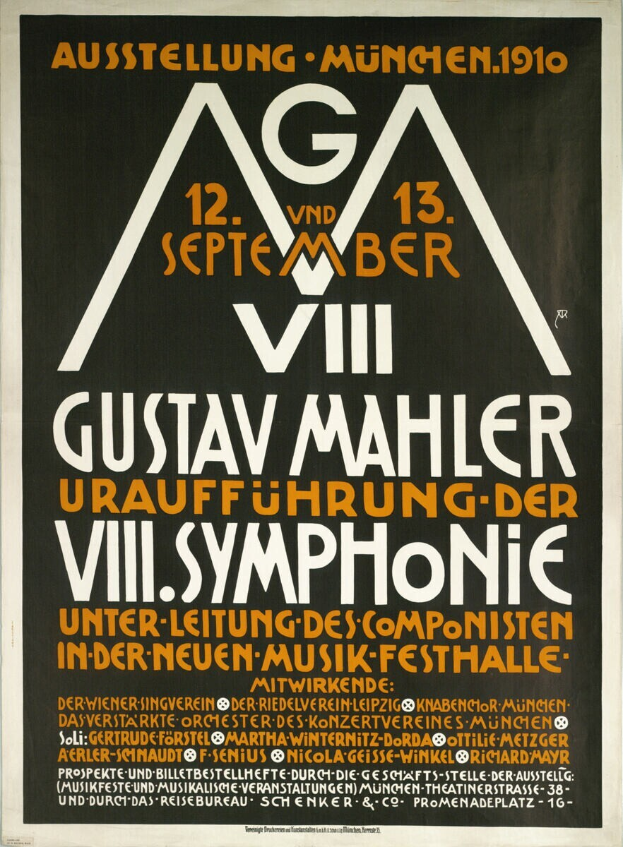 Ein Plakat für das sinfonische Konzert von Gustav Mahler in München, Deutschland, mit darauf geschriebenem Text.