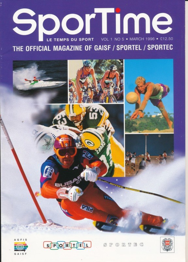 Titelbild von *Sporttime Magazine* (März 1996) mit Menschen beim Skifahren und Snowboarden auf dem Cover