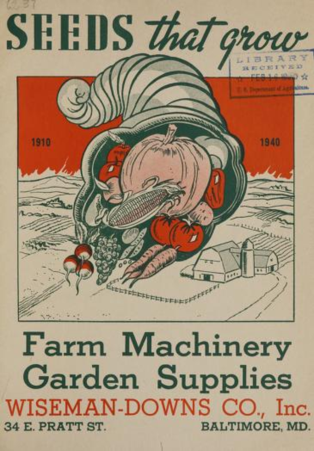 Ein Vintage-Plakat von Wiseman-Downs Co., Inc. mit verschiedenen Farmgeräten und Gartenzubehör, einschließlich Samen, mit beschreibendem Text.