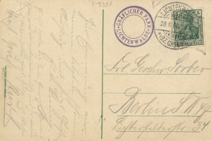 Alte Postkarte mit einer Briefmarke, auf der "Lichtenwald, Germany - Cover to Germany" steht, mit handgeschriebener Text und zwei zusätzlichen Briefmarken in der oberen rechten Ecke.