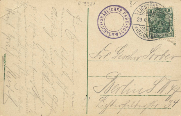 Alte Postkarte mit einer Briefmarke, auf der "Lichtenwald, Germany - Cover to Germany" steht, mit handgeschriebener Text und zwei zusätzlichen Briefmarken in der oberen rechten Ecke.