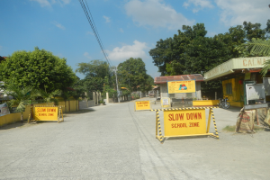 Eine Straße mit einem gelben "Slow Down School Zone"-Schild auf der linken Seite, geparkte Fahrzeuge auf der rechten Seite und Bäume, Gebäude, Pfosten, Drähte und den Himmel im Hintergrund.