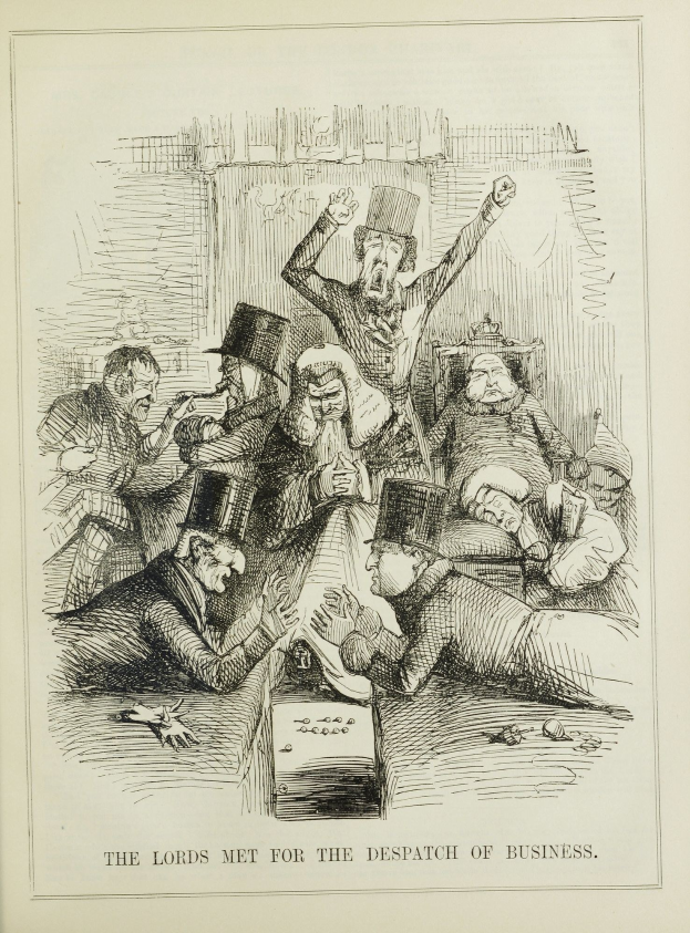 Eine historische Illustration, die eine Gruppe von beunruhigten Menschen zeigt, von denen einige ängstlich nach oben und andere verwirrt nach unten schauen, begleitet von einem Text, der "Die Lords trafen sich zur Erledigung von Geschäften" lautet.