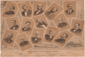 Eine Gruppe von Männern in Anzügen und Krawatten verschiedenen Alters mit der Schrift "Millionäre der Vereinigten Staaten" in fetter schwarzer Schrift am unteren Rand auf einem hellblauen Hintergrund.