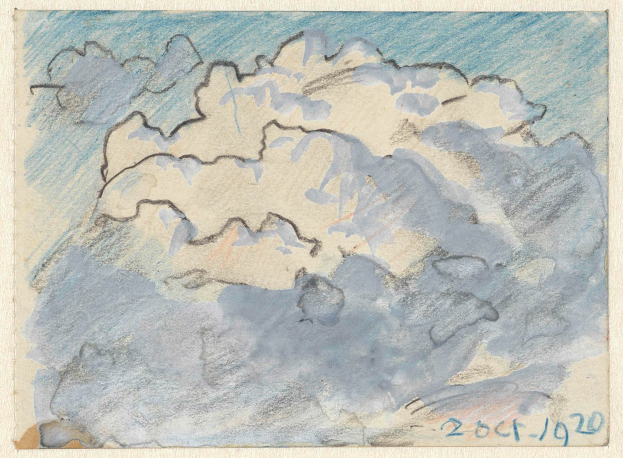 Eine detaillierte Zeichnung einer flauschigen weißen und grauen Wolke auf einem blauen Himmel im Hintergrund auf einem Blatt Papier mit etwas Text.