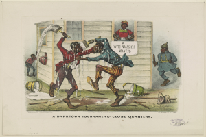 Ein Plakat für ein Darktown-Turnier, das Menschen mit Gegenständen zeigt, verstreute Eimer und Holzstöcke sowie Text auf dem Plakat.