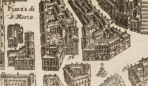 Eine detaillierte Zeichnung einer Stadtlandschaft mit zahlreichen Gebäuden in verschiedenen Architekturstilen, begleitet von handschriftlichen Notizen auf dem Papier.