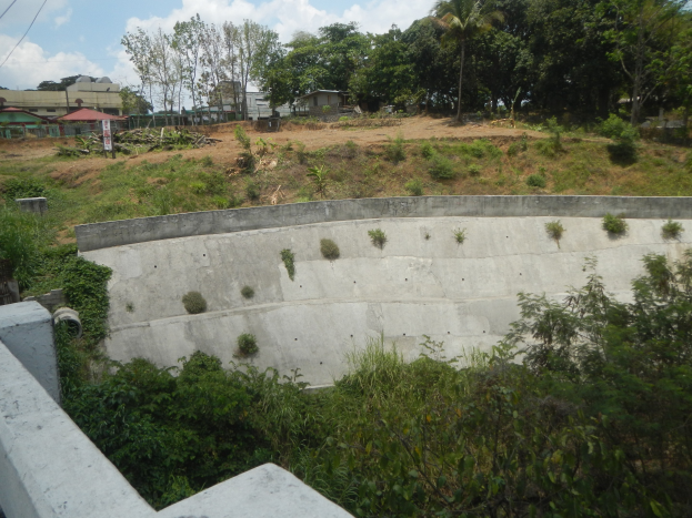 Betonschutzwand in einem Feld mit Grünzeug, Gebäuden, Versorgungsmasten und einem klaren Himmel im Hintergrund.
