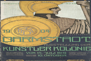 Plakat für ein Konzert in Berlin, Deutschland, 1904, mit einer Person in einem Helm, die ein Schild hält, und 'Darmstadt' und 'Künstlerkolonie' in fetter Schrift.