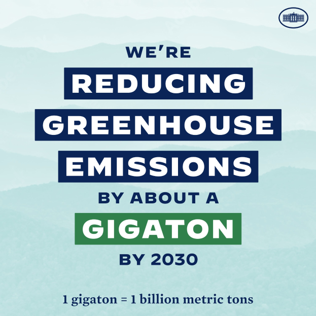 Ein Plakat mit Text und einem Logo, das "Wir reduzieren die Treibhausgasemissionen um etwa eine Gigatonne bis 2030" lautet und für die Reduzierung der Treibhausgasemissionen bis 2030 wirbt.