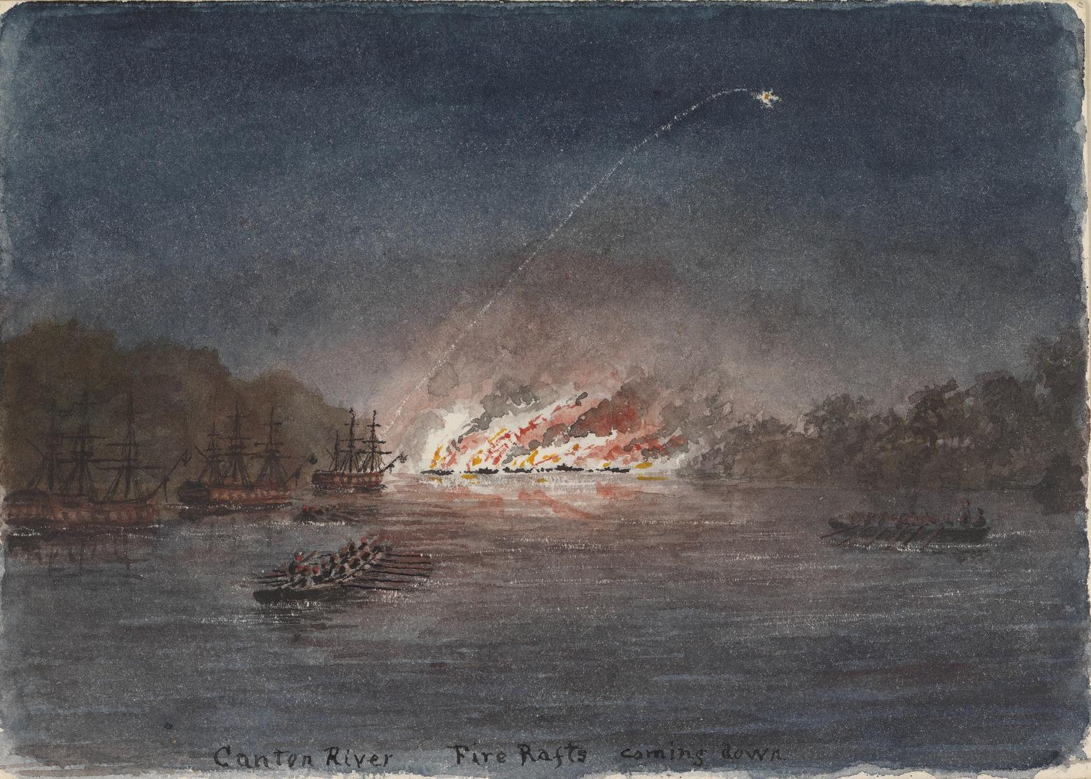 Gemälde von Booten auf Wasser mit einem großen Feuer im Hintergrund, umgeben von Bäumen und einem sternenklaren Himmel, mit der Inschrift "Canton River Fire Rafts Coming Down" unten.