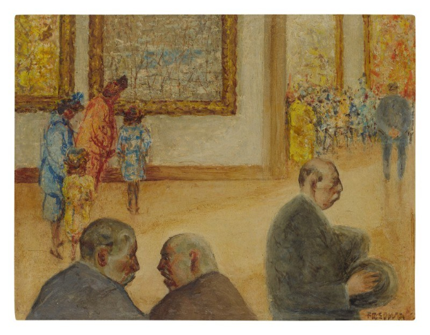 Gemälde 'Die Ausstellung im Museum of Fine Arts' von Édouard Manet zeigt formell gekleidete Menschen, die in einem Museum in einem Raum mit einer Wand voller Rahmen sprechen.