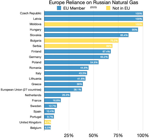 Eine Grafik, die die Abhängigkeit Europas von russischem Erdgas zeigt, mit Prozentangaben und Text, der den Anteil der Menschen angibt, die in das Land investiert haben.