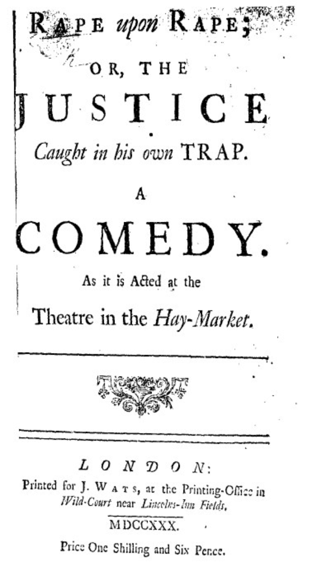 Schwarzes und weißes Plakat, das eine Comedy-Show mit dem Titel "Vergewaltigung auf Vergewaltigung oder die Gerechtigkeit in ihrer eigenen Falle" in fetter schwarzer Schrift ankündigt.