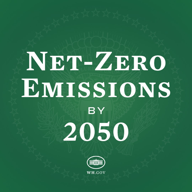 Weißer Text auf grünem Hintergrund, der "netto-null-Emissionen bis 2050" in fetter Schrift angibt.