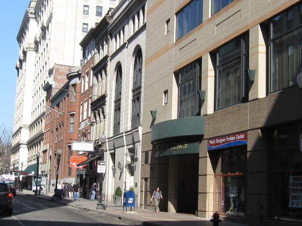 Eine belebte Stadtstraße mit hohen Gebäuden, Fahrzeugen, Fußgängern, einem Feuerhydranten im Vordergrund, Laternenpfählen, Bäumen und einem klaren blauen Himmel.