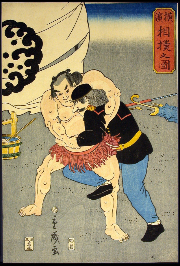 Japanisches Holzschnittbild von Utagawa Kunisada Toyokuni III aus der Serie 'Fifty-Three Stations of the Tokaido', das zwei sumo-Ringer in einem Kampf zeigt, wobei einer einen Schirm und der andere einen Stock hält, mit einem detallierten Hintergrund aus Gegenständen und Text.
