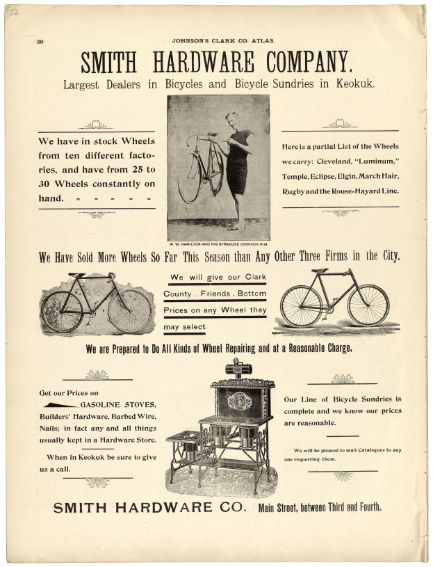 Anzeige für Smith Hardware Co. mit einer Person, die ein Fahrrad mit einem Rad im Vordergrund hält, und Text, der die Produkte und Dienstleistungen des Unternehmens beschreibt.