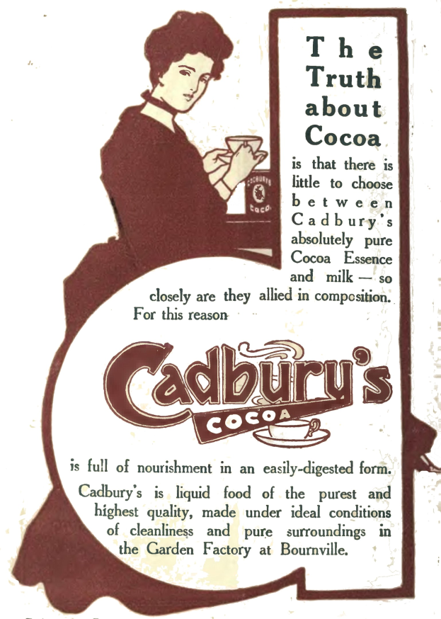 Anzeige für Cadbury's Kakaopulver mit einer Frau, die eine Tasse Kakaopulver hält, mit Text, der das Produkt und seine Vorteile beschreibt.