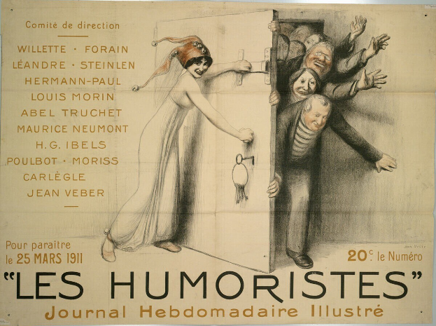 Plakat mit der Aufschrift "Les Humoristes Journal Hebdomadaire Illustré" an einer Gebäudewand, mit einer bunten Illustration von lachenden Menschen.