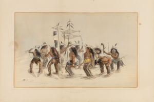 Gravur von Menschen in traditioneller Aboriginal-Kleidung, die in einem Kreis in einem bewaldeten Gebiet tanzen und Stöcke halten, mit dem Text "Aboriginal Dance" unten.