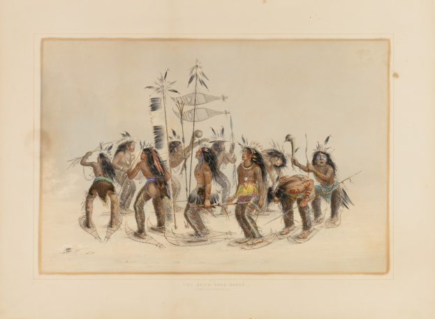 Gravur von Menschen in traditioneller Aboriginal-Kleidung, die in einem Kreis in einem bewaldeten Gebiet tanzen und Stöcke halten, mit dem Text "Aboriginal Dance" unten.