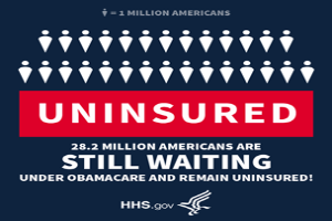 Ein Plakat mit dem Text "28,2 Millionen Amerikaner warten noch unter Obamacare und bleiben unversichert" und einem Logo unten.