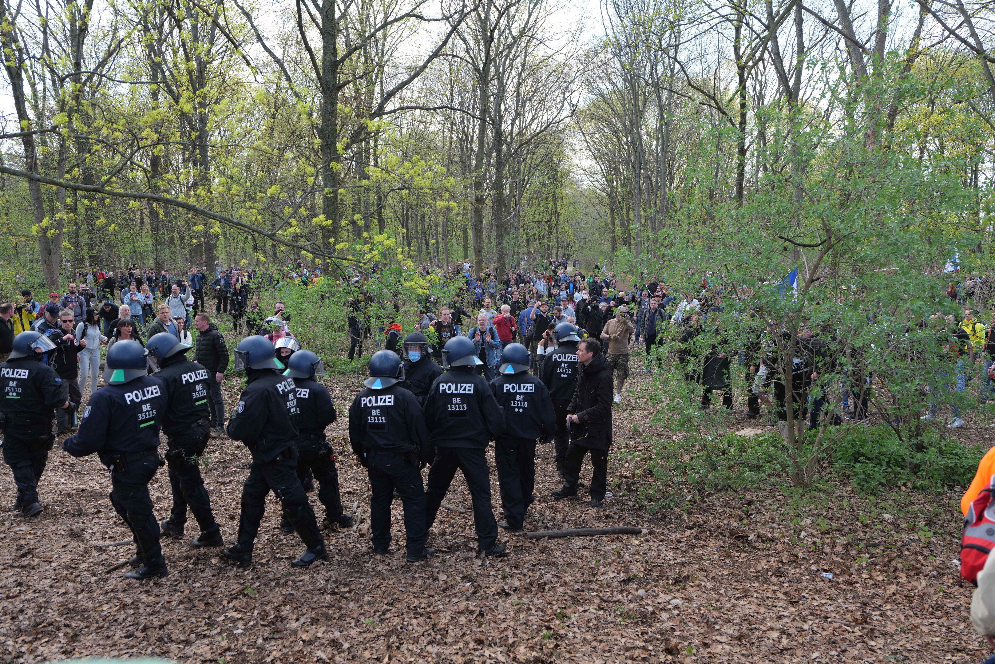 Gruppe von Polizisten in Helmen, die in einem bewaldeten Gebiet mit Bäumen, Pflanzen, trockenen Blättern und sichtbarem Himmel im Hintergrund stehen.