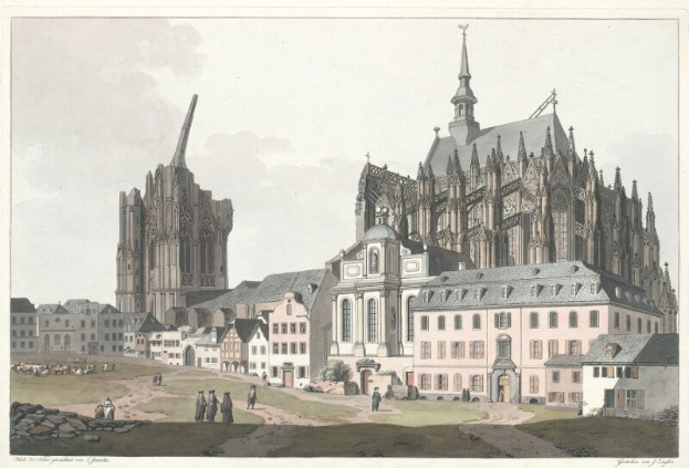 Gemälde einer Stadtlandschaft mit einer großen Kathedrale im Hintergrund, umgeben von Gebäuden, Menschen, Gras, Felsen und einem bewölkten Himmel, mit dem Text "Köln, Deutschland" unten.