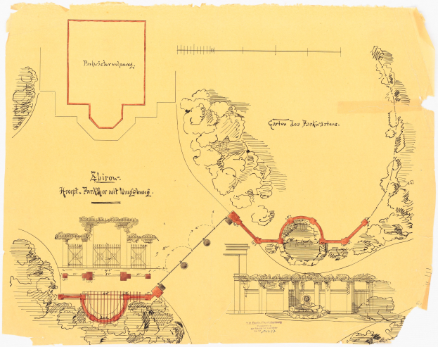 Ein detailliertes architektonisches Zeichnung eines Parkgrundrisses mit roter Umrandung, begleitet von Text und Diagrammen.