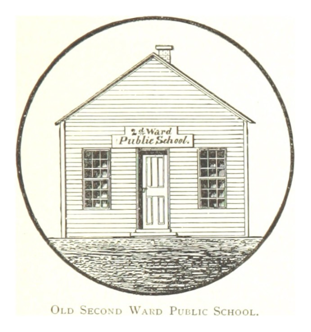 Altes zweigeschossiges Schulgebäude mit einem zentralen Haus mit einer Tür und Fenstern, das einen klassischen, altmodischen architektonischen Stil zeigt.