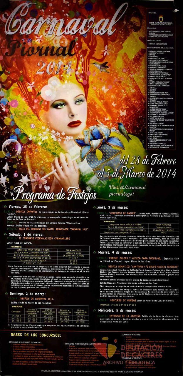 Eine Frau in einem bunten Kleid, die lächlt, umgeben von der Schrift "Carnaval Festival 2014" in fetter schwarzer Schrift auf einem leuchtend gelben Hintergrund.