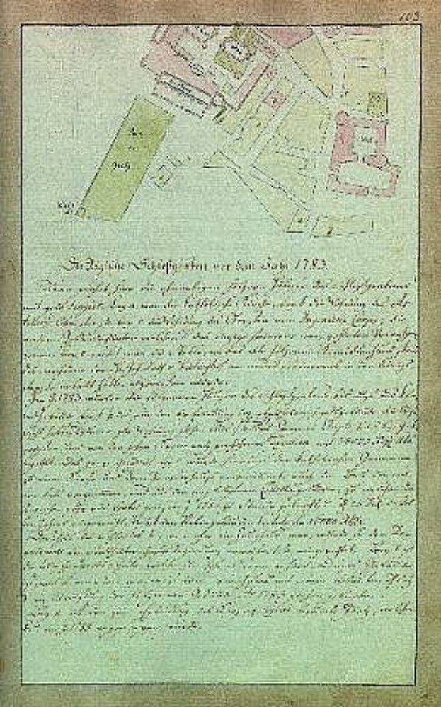 Altes deutsches Dokument aus dem Jahr 1782 mit einer detaillierten Stadtkarte auf der ersten Seite, die Straßen, Gebäude und Sehenswürdigkeiten zeigt, begleitet von dichtem Text.