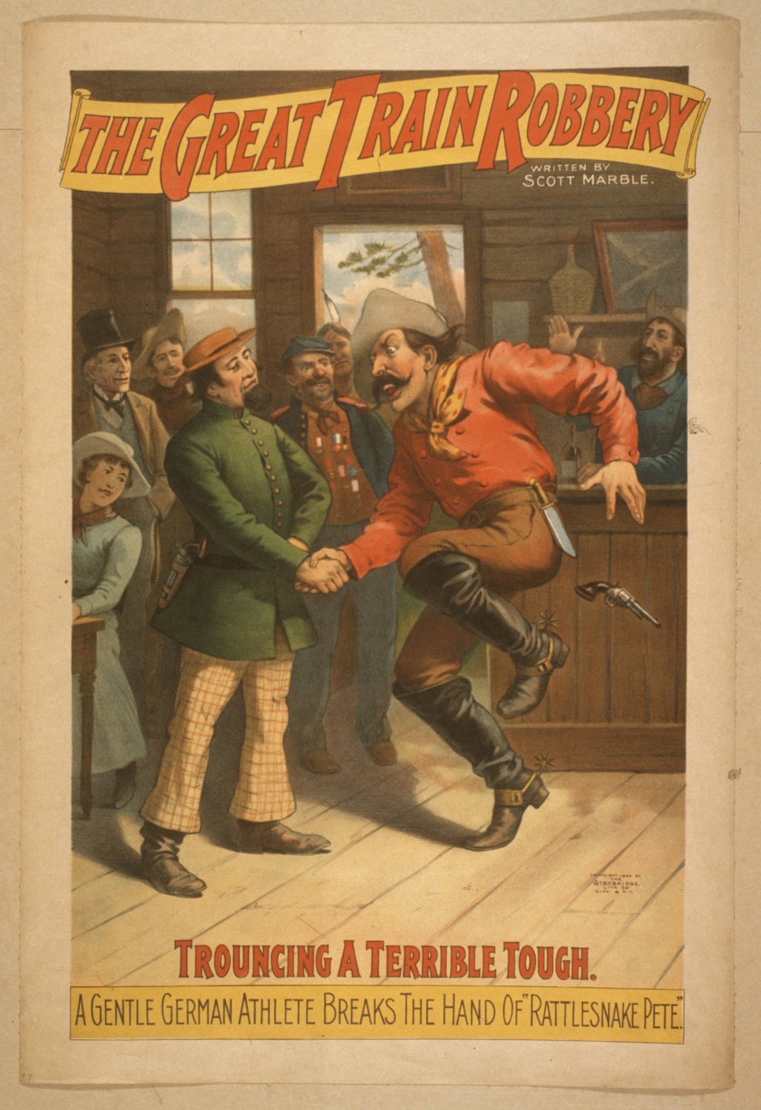 Plakat für "The Great Train Robbery" zeigt eine Gruppe von Menschen, wobei einer eine Waffe hält, ein Fenster und eine Wand im Hintergrund und den Text "The Great Train Robbery - Trouching a Terrible Tough" oben und unten.