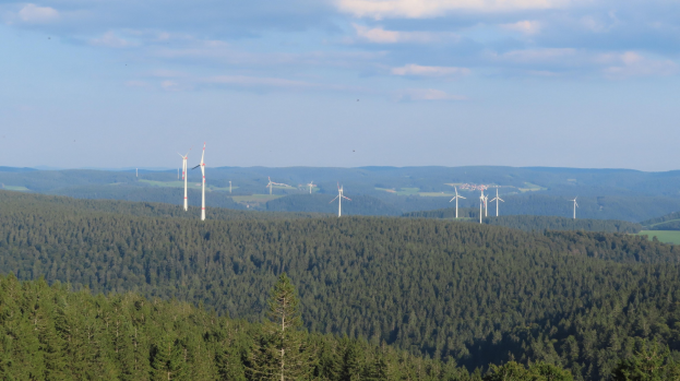 Windpark in einem Wald mit bewölktem Himmel und Bergen im Hintergrund.