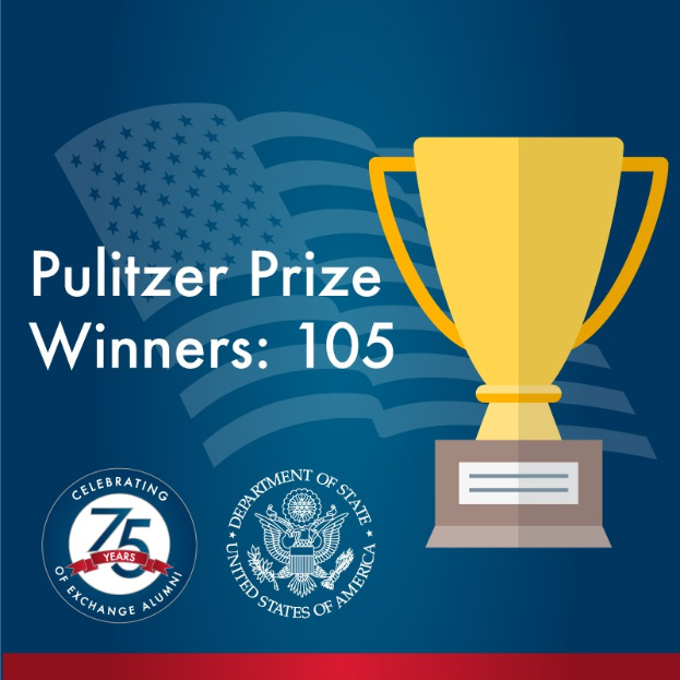 Plakat mit der Aufschrift "Pulitzer-Preis-Gewinner 105" mit einem zentralen Becher-Symbol umgeben von Text und Logos.